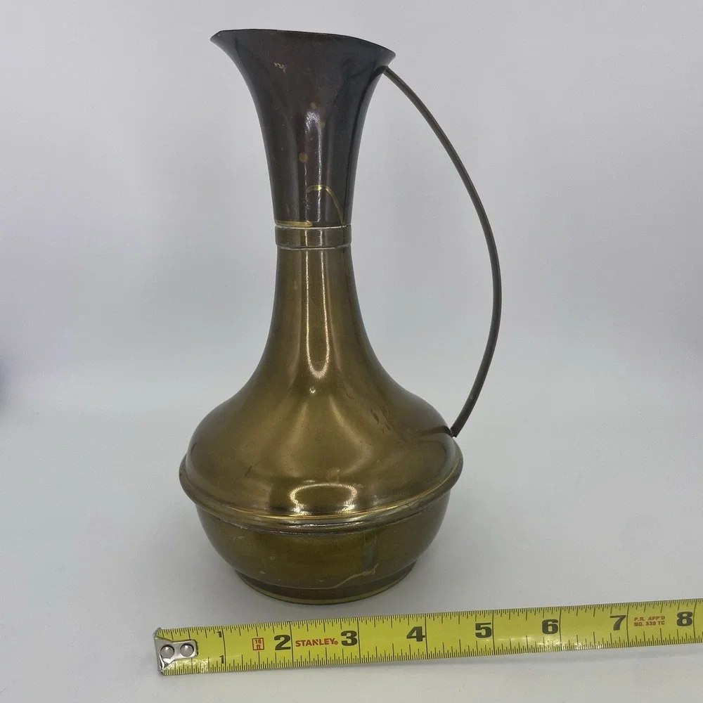 Vintage MCM  Brass Water Pitcher Vase Decanter With Curved Handle 9.5